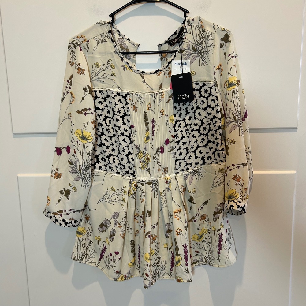 Dalia Floral Patchwork Pleated Blouse Ivory Black Women S NWT Cottagecore Boho